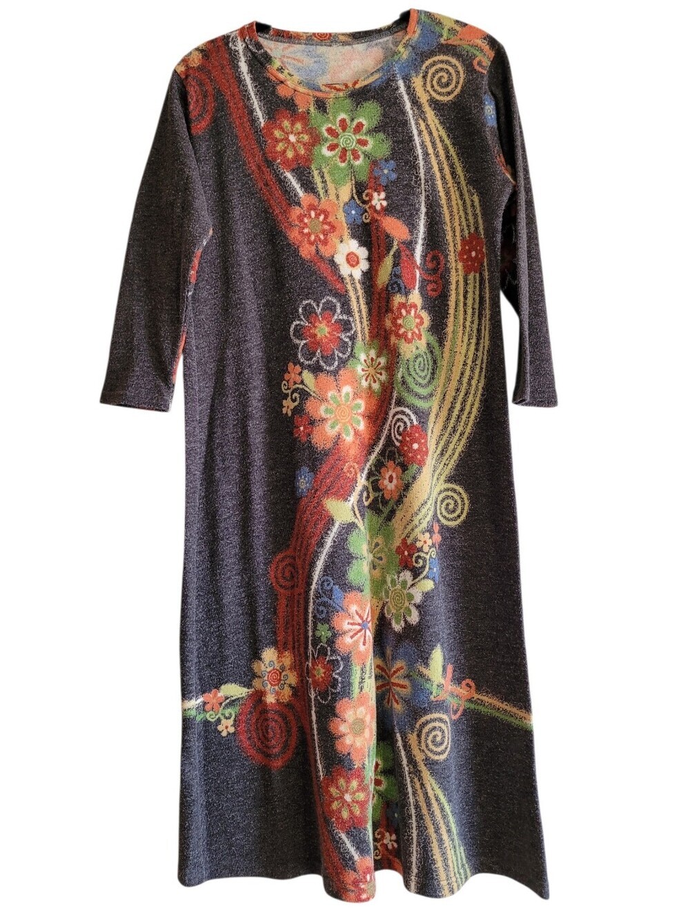 Gray Nubby Knit Midi Dress Wmn Large Vibrant Floral Pattern 3/4 Sleeves Artsy